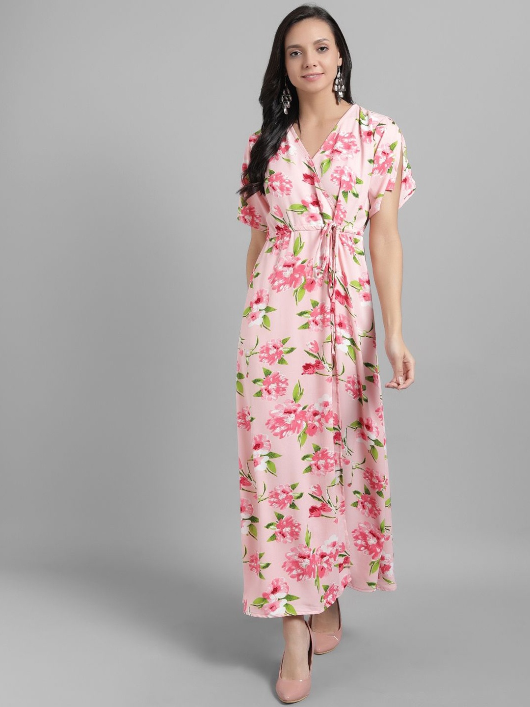 

TANDUL Floral Printed V Neck Wrap Maxi Dress, Pink