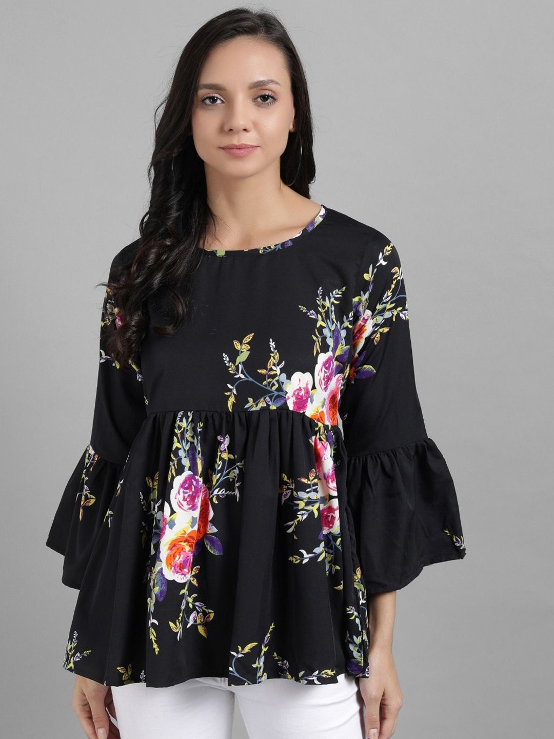 

TANDUL Floral Printed Bell Sleeve Cotton Top, Black