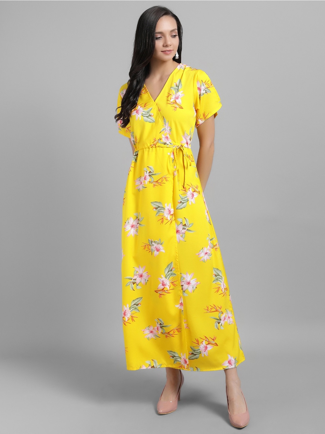 

TANDUL Floral Printed V-Neck Sleeves Wrap Maxi Dress, Yellow