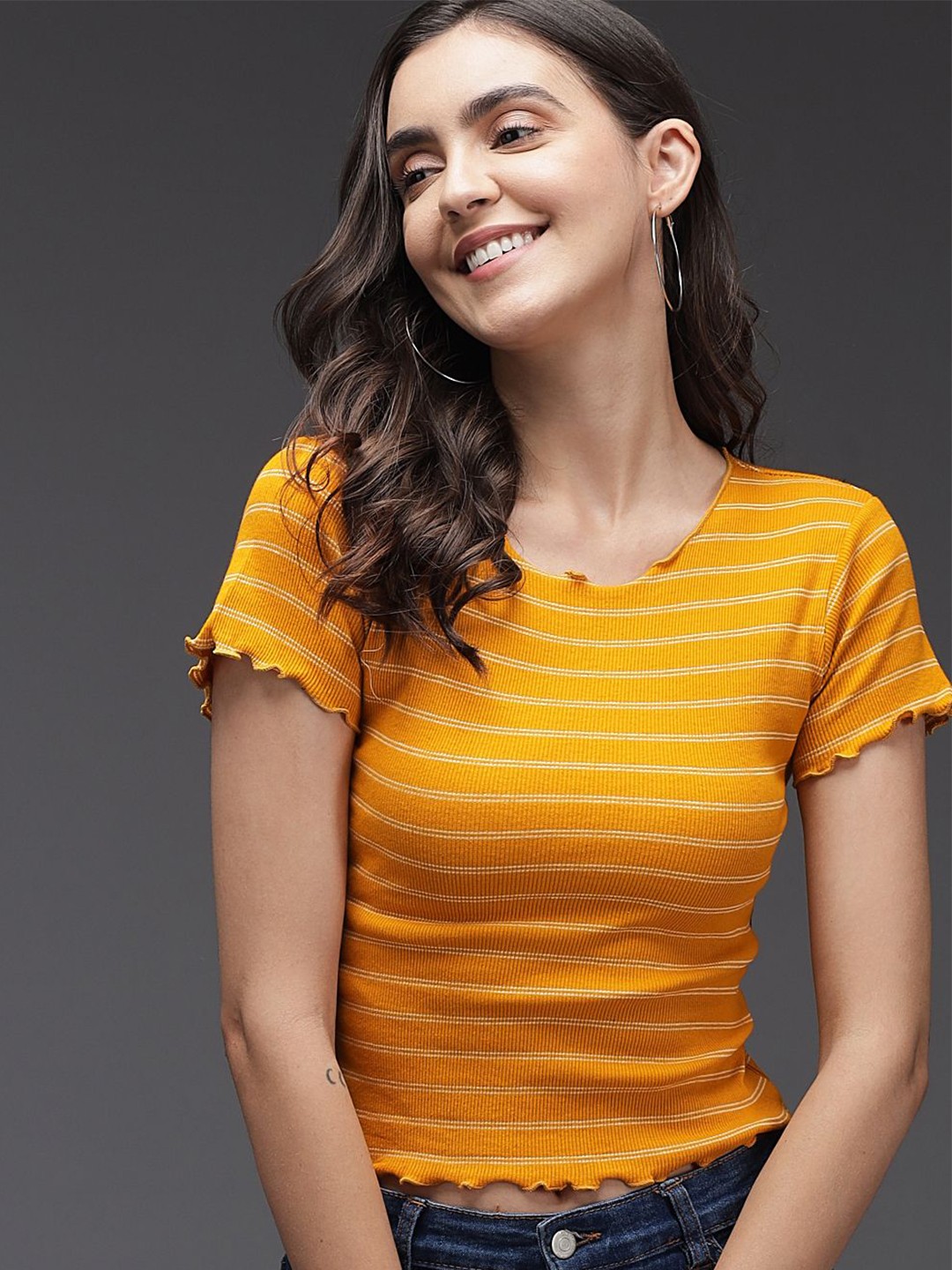 

TANDUL Round Neck Striped Cotton Top, Orange