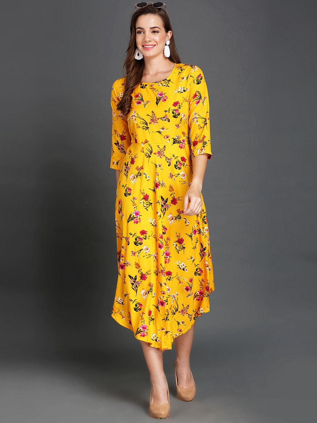 

TANDUL Floral Printed A-Line Midi Dress, Yellow