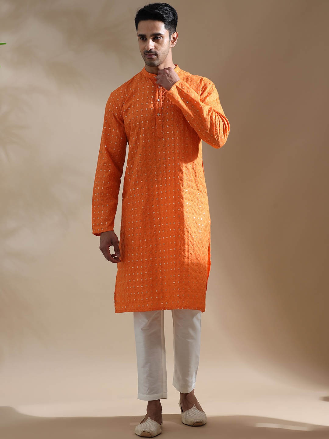 

FILORI Geometric Embroidered Thread Work Regular Straight Kurta, Orange