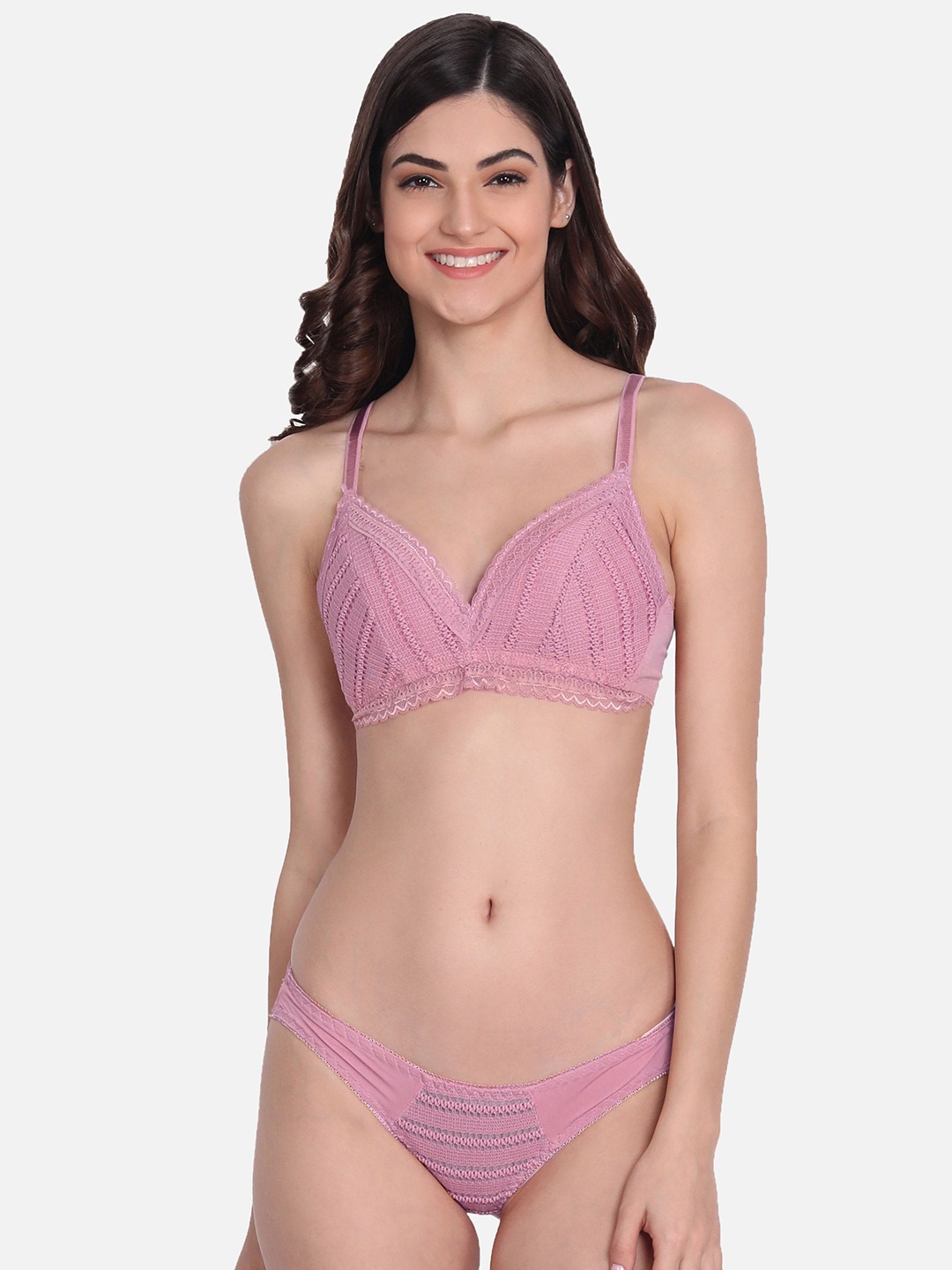 

Flenzy Self Design Lace Lingerie Set, Pink