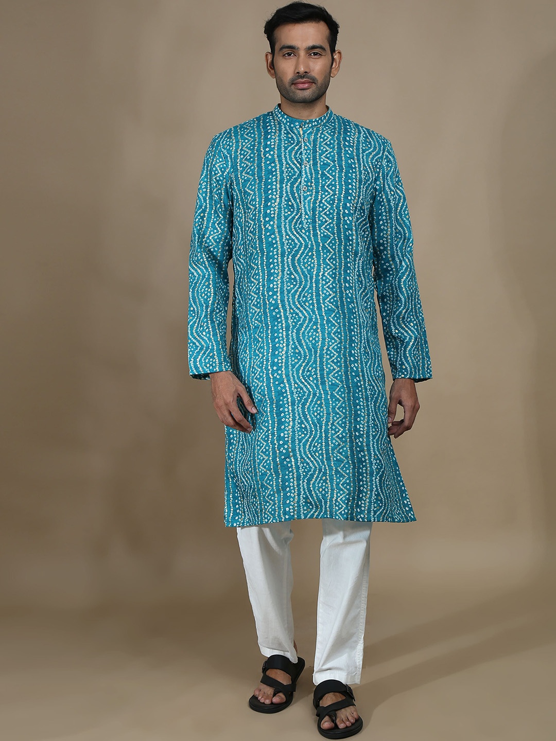 

FILORI Men Bandhani Print Regular Long Kurta, Blue