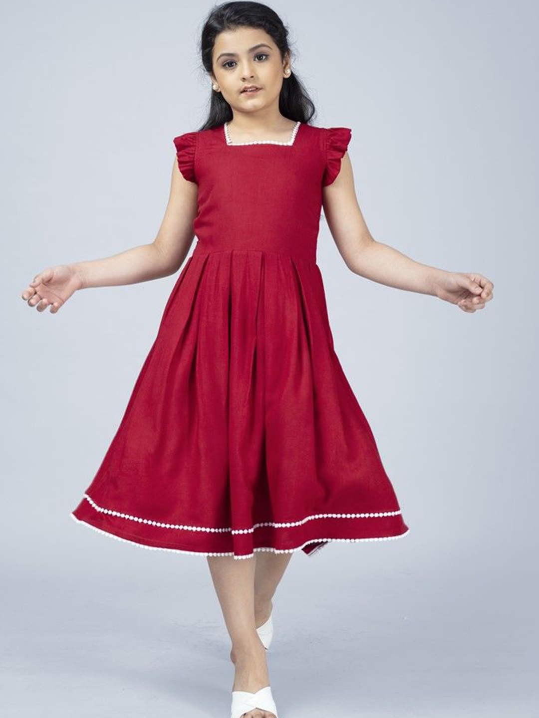 

BAESD Girls Square Neck Flutter Sleeves Fit & Flare Midi Dress, Maroon