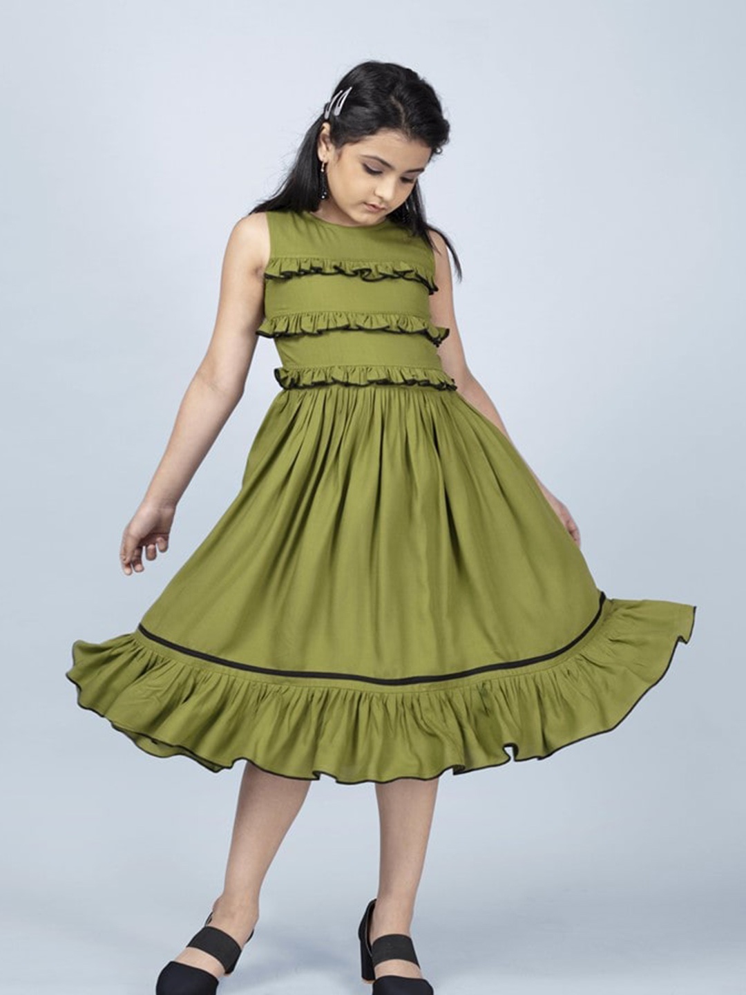 

BAESD Girls Round Neck Ruffled Fit & Flare Midi Dress, Green