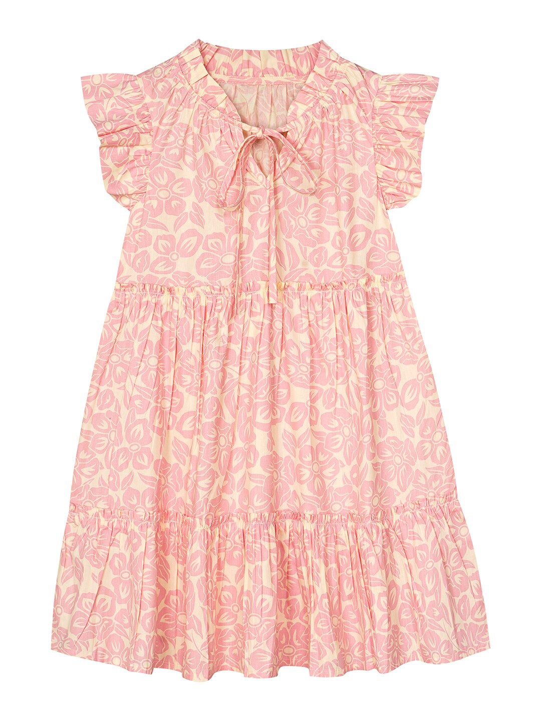 

Budding Bees Floral Printed Cotton Flutter Sleeve A-Line Dress, Peach