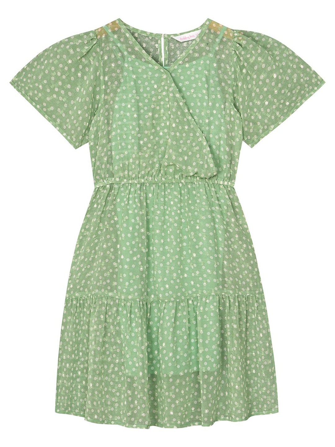 

Budding Bees Girls Polka Dot Printed V-Neck Georgette Fit & Flare Dress, Green