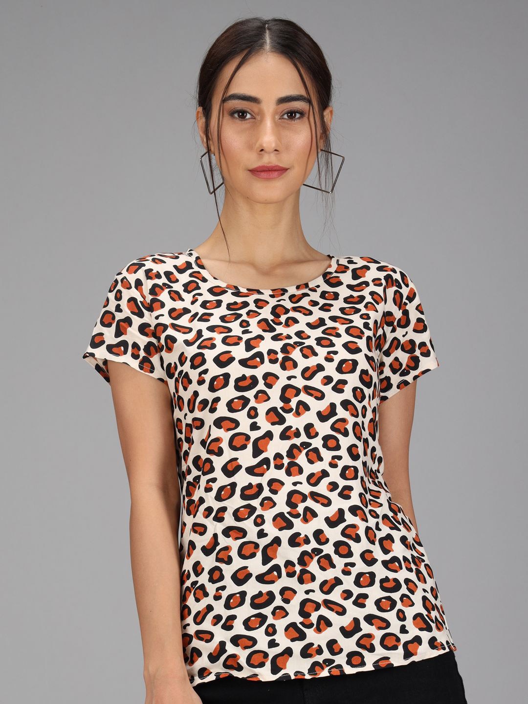 

TANDUL Round Neck Animal Printed Cotton Top, White