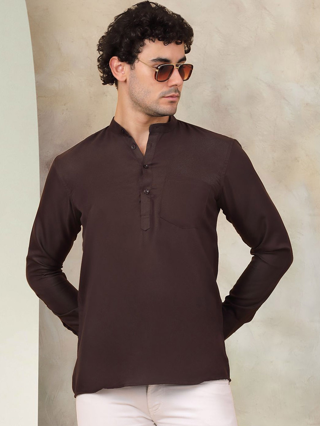 

Jompers Band Collar Cotton Straight Kurta, Coffee brown