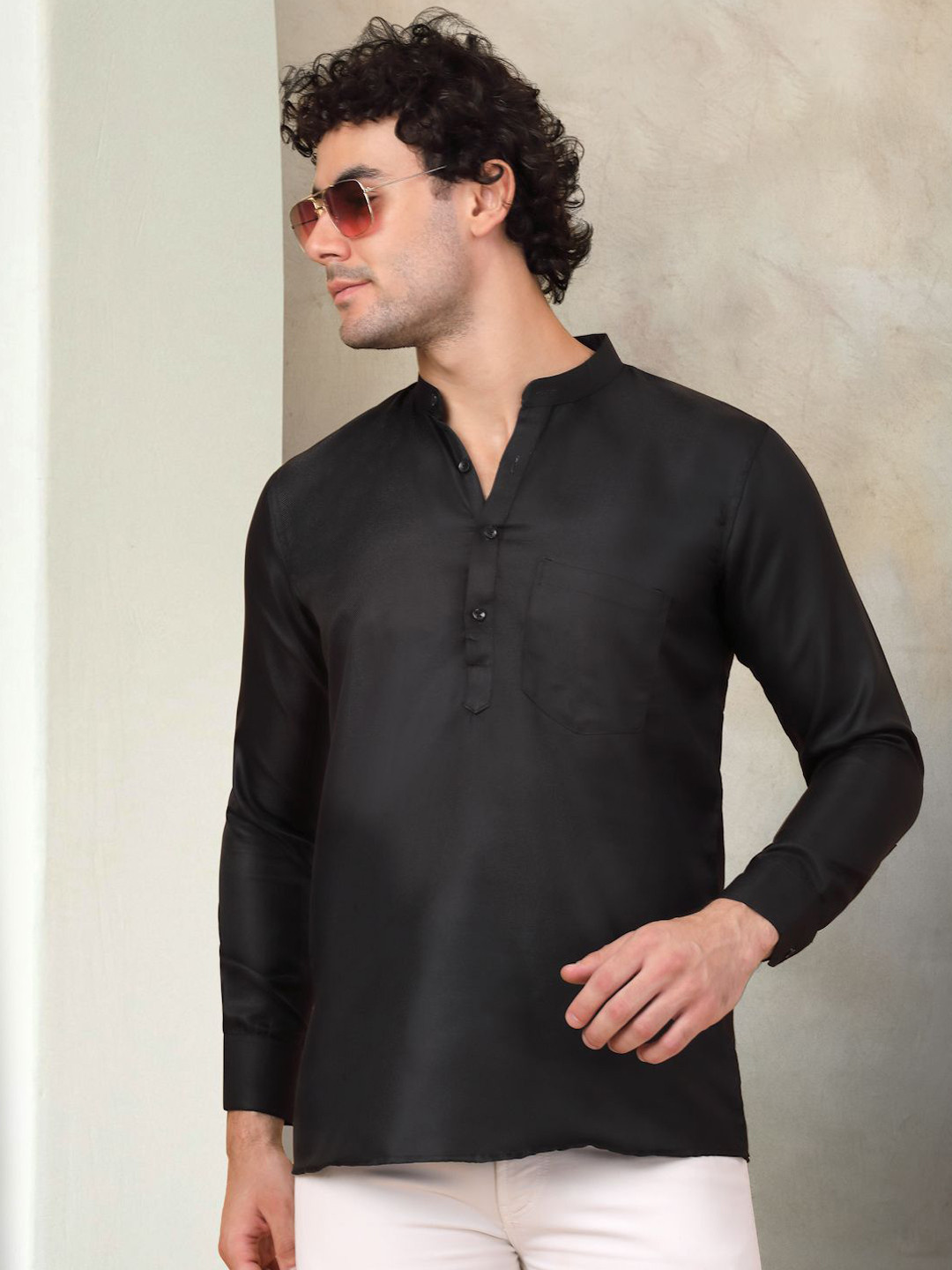 

Jompers Mandarin Collar Long Sleeves Cotton Short Kurta, Black