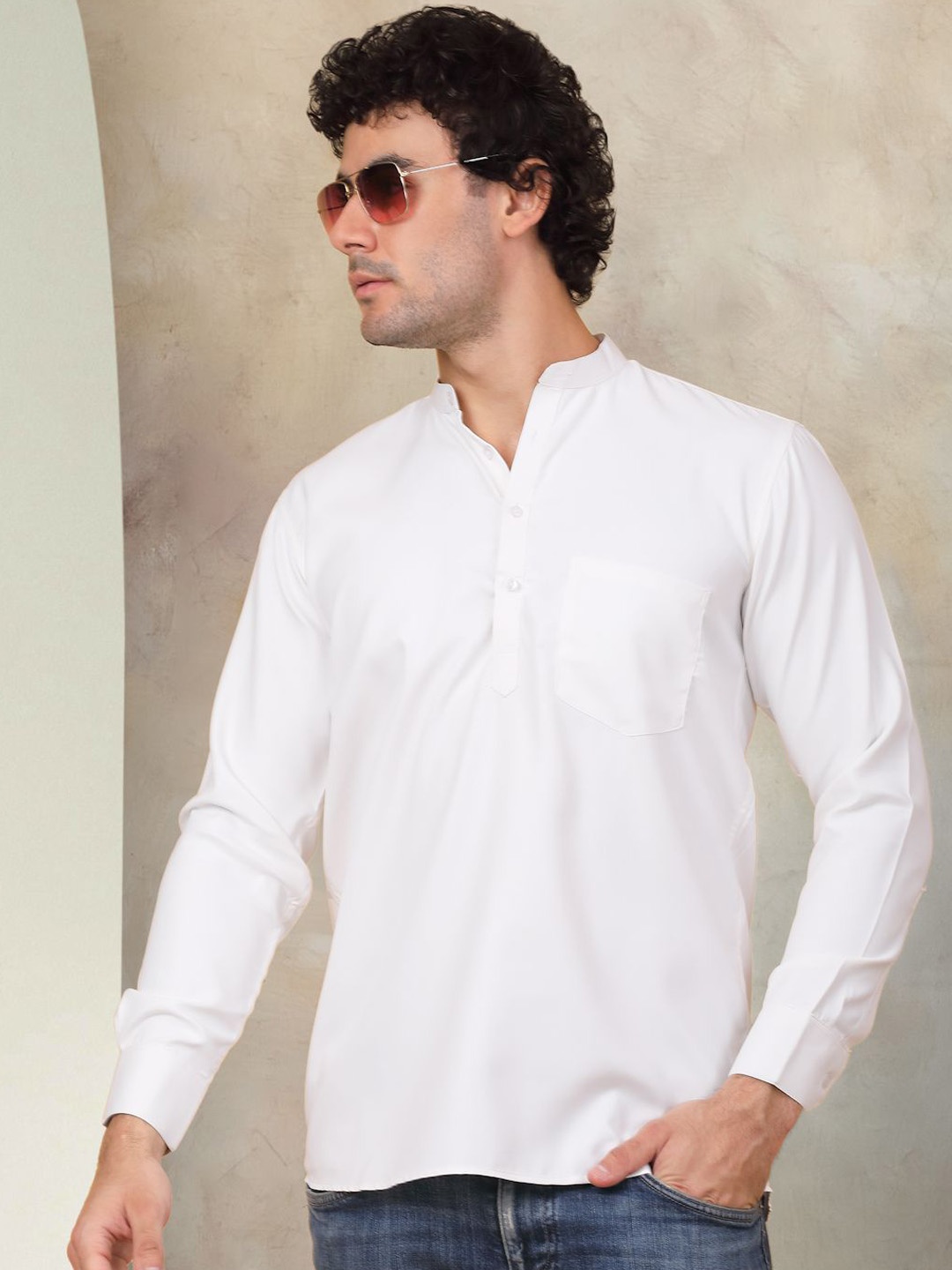 

Jompers Mandarin Collar Cotton Straight Kurta, White