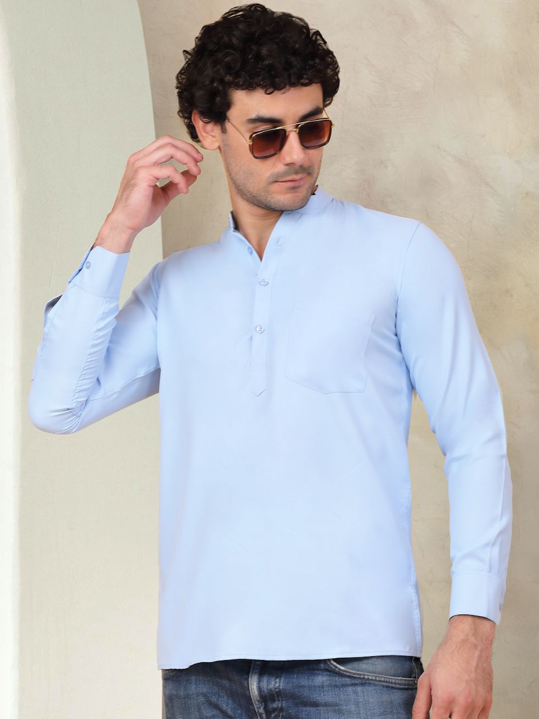 

Jompers Mandarin Collar Long Sleeves Short Kurta, Blue