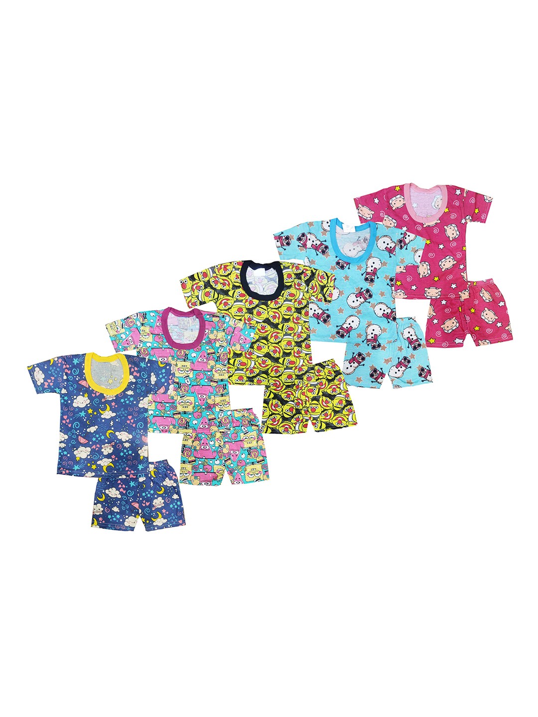 

BAESD Kids Pack Of 5 Printed Round Neck Cotton T-shirts With Shorts, Blue
