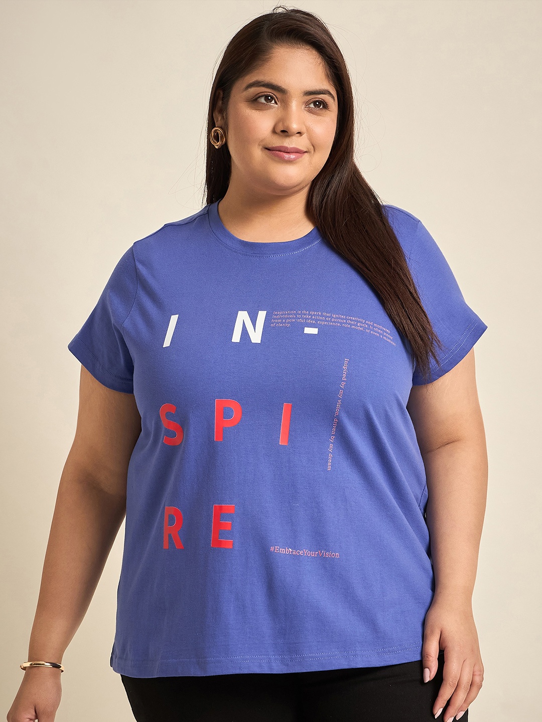 

Sztori Round Neck Typography Printed Short Sleeves Cotton Plus Size T-shirt, Blue