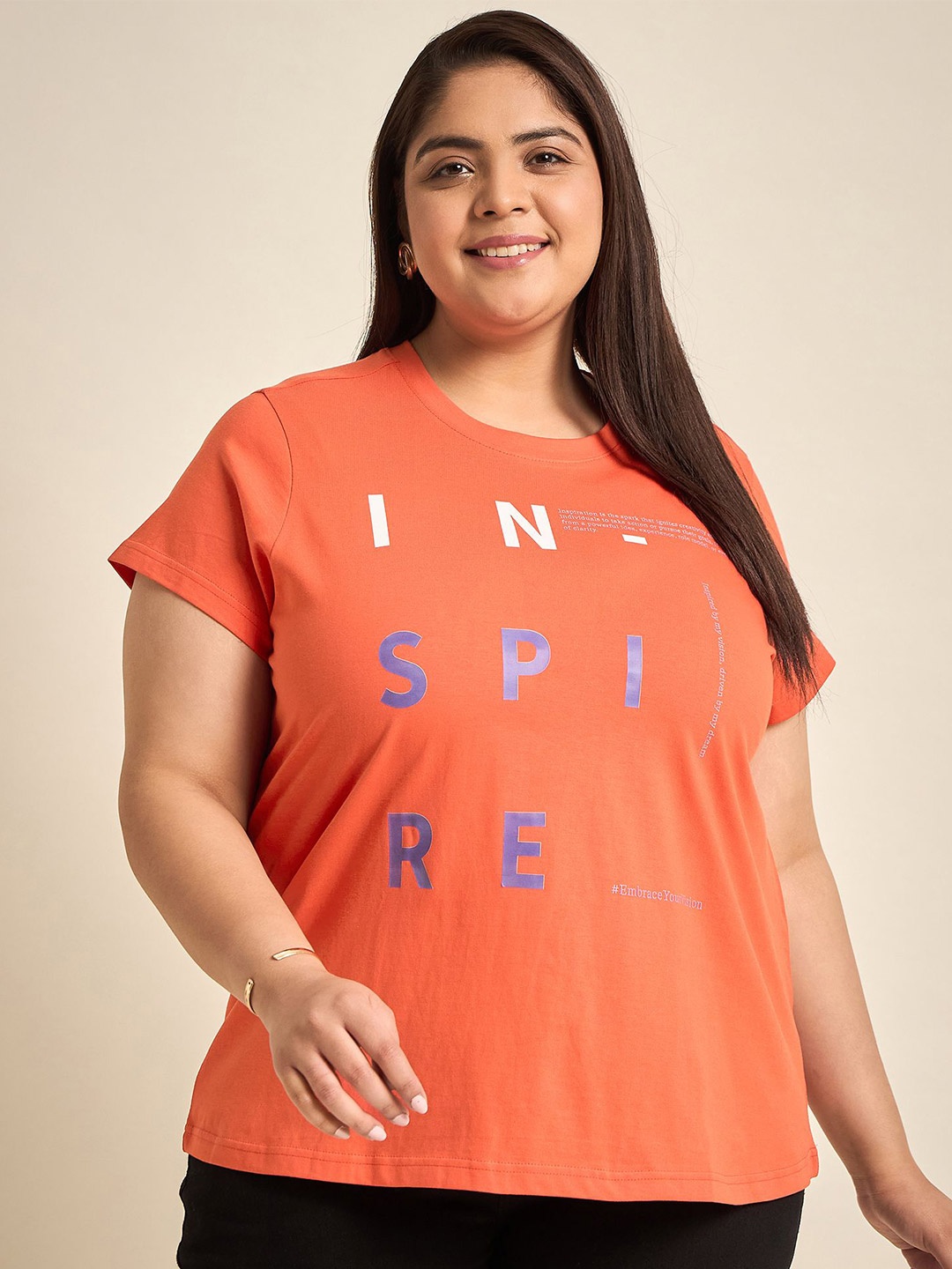 Sztori Round Neck Typography Printed Drop-Shoulder Sleeves Cotton Plus Size T-shirt, Orange