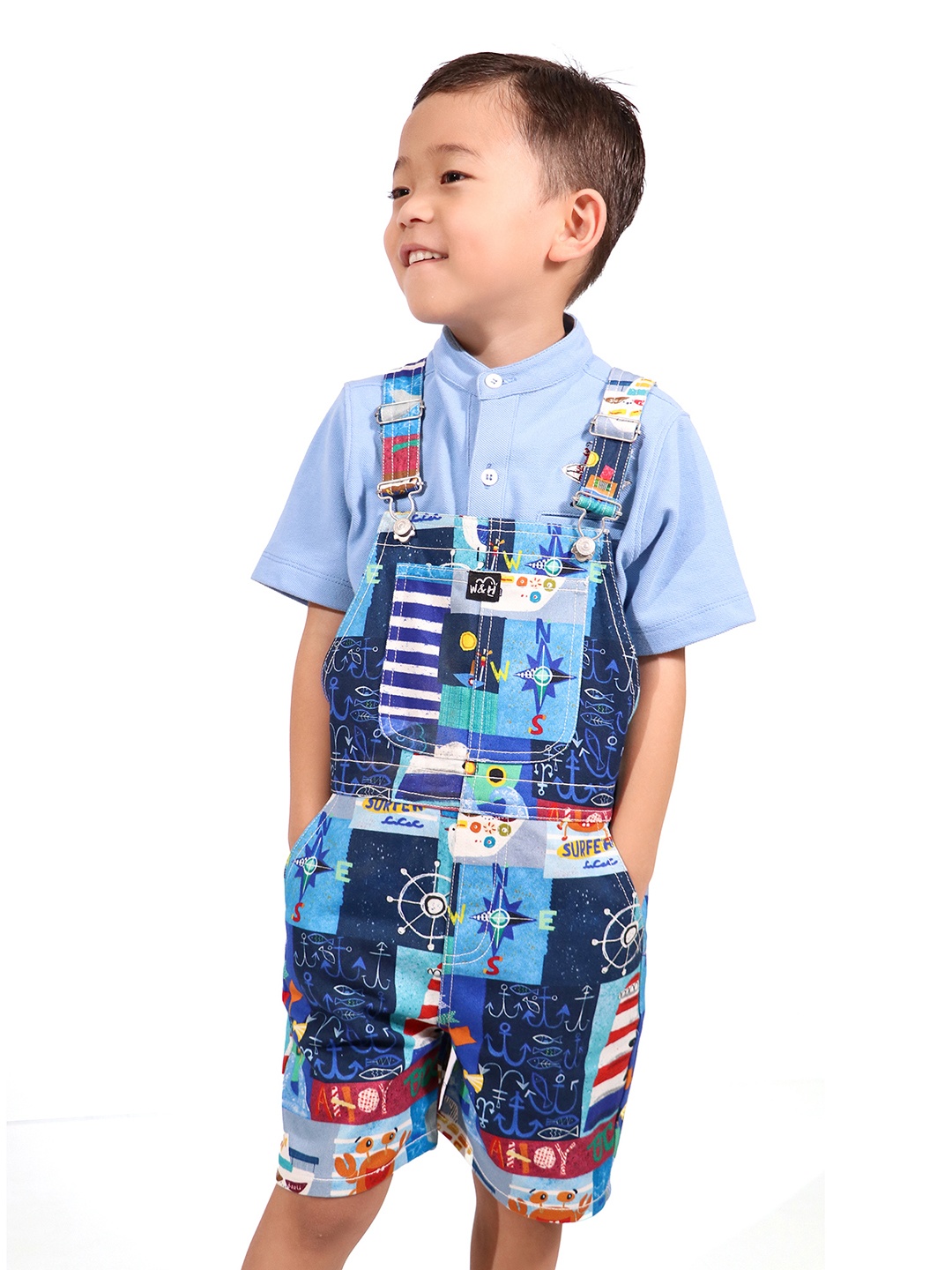 

Whistle & Hops Boys Printed Pure Cotton Straight Leg Twill Short Dungarees, Blue
