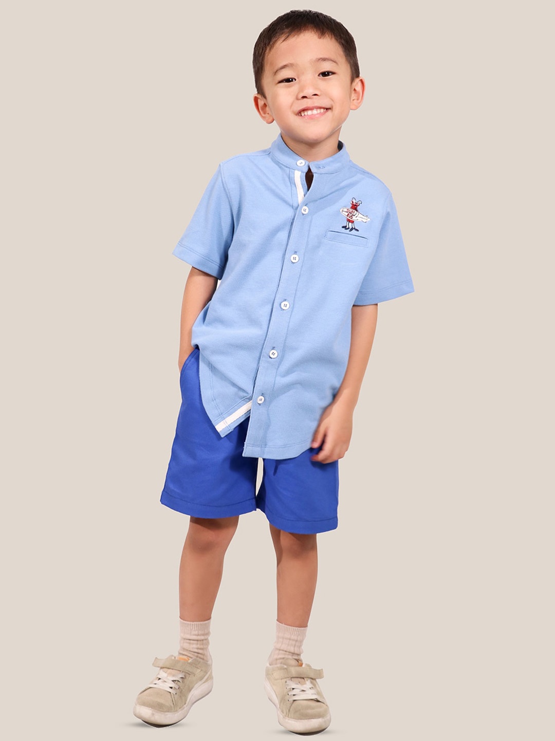 

Whistle & Hops Boys Mandarin Collar Cotton Casual Shirt, Blue