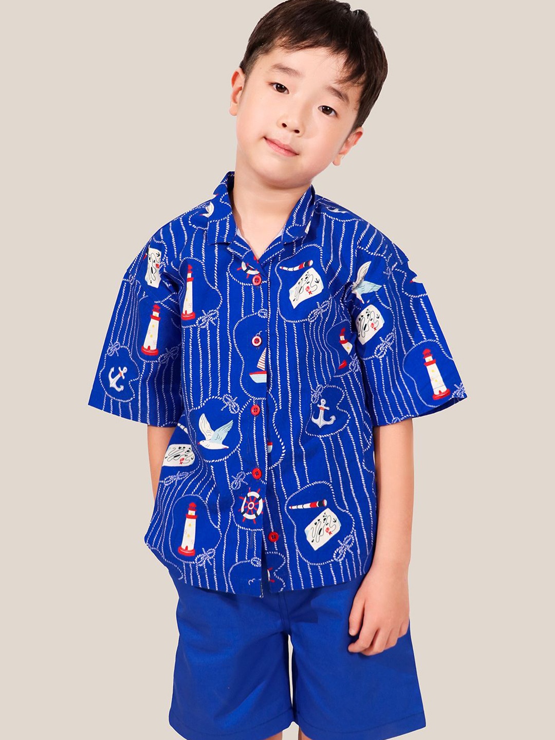 

Whistle & Hops Boys Conversational Printed Cotton Casual Shirt, Blue