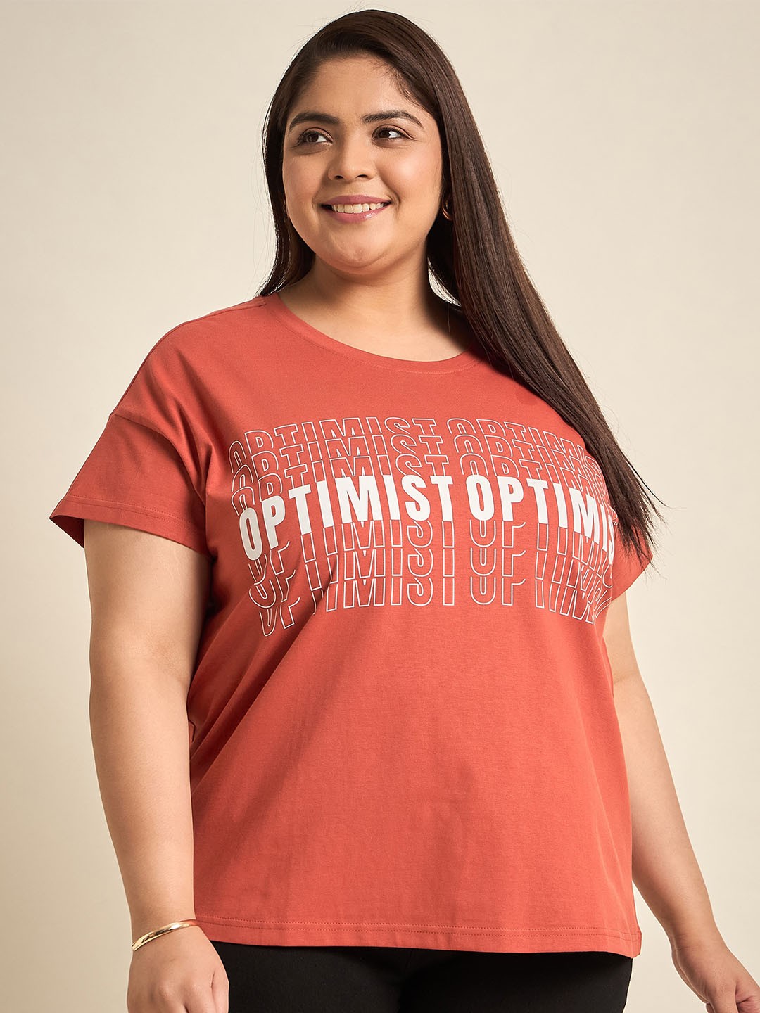 

Sztori Round Neck Typography Printed Drop-Shoulder Sleeves Cotton Plus Size T-shirt, Orange