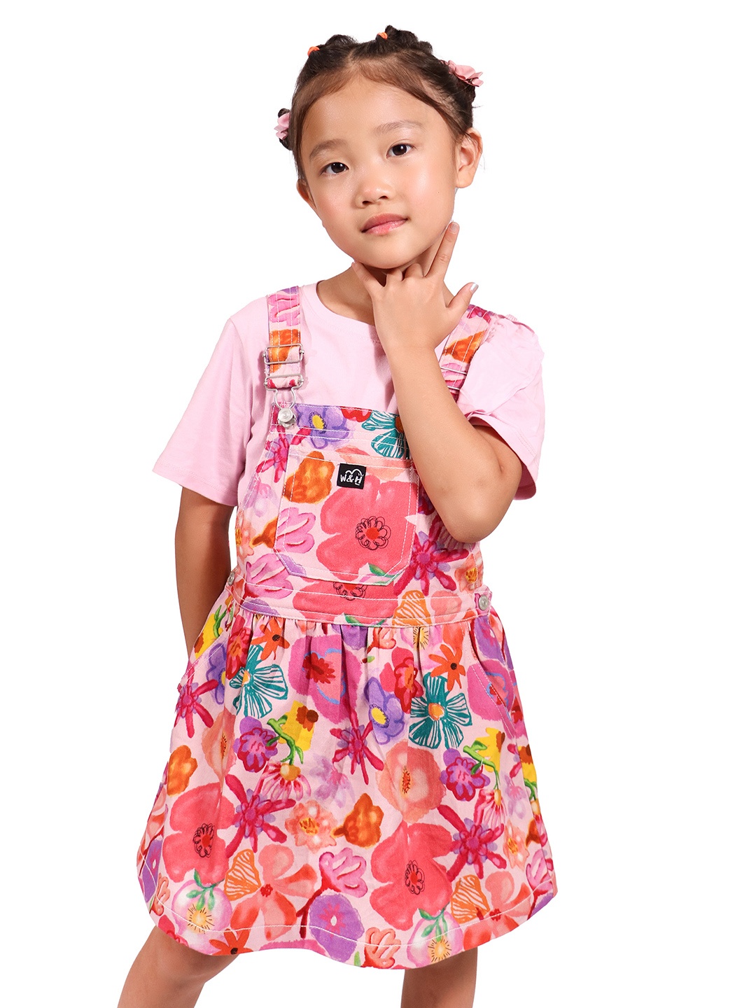 

Whistle & Hops Girls Floral Printed Shoulder Straps Pure Cotton Pinafore Dress, Pink