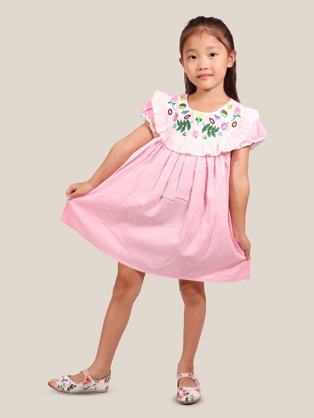 

Whistle & Hops Girls Floral Embroidered Gathered Cotton A-Line Dress, Pink