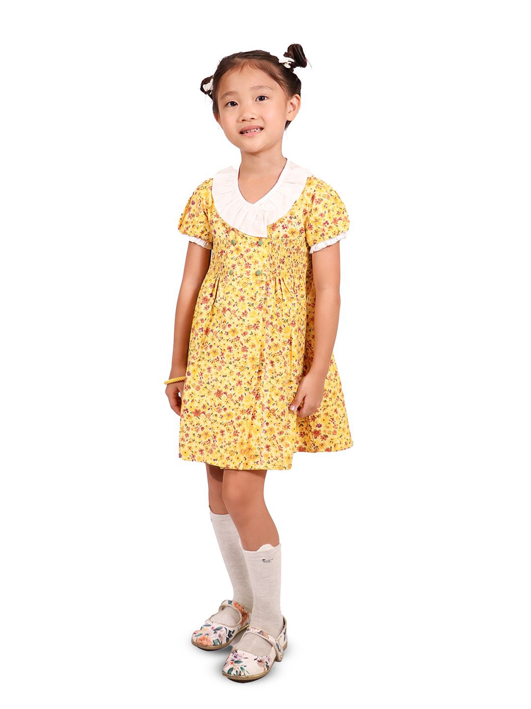 

Whistle & Hops Girls Floral Printed Pleated Smocked Cotton A-Line Dress, Yellow