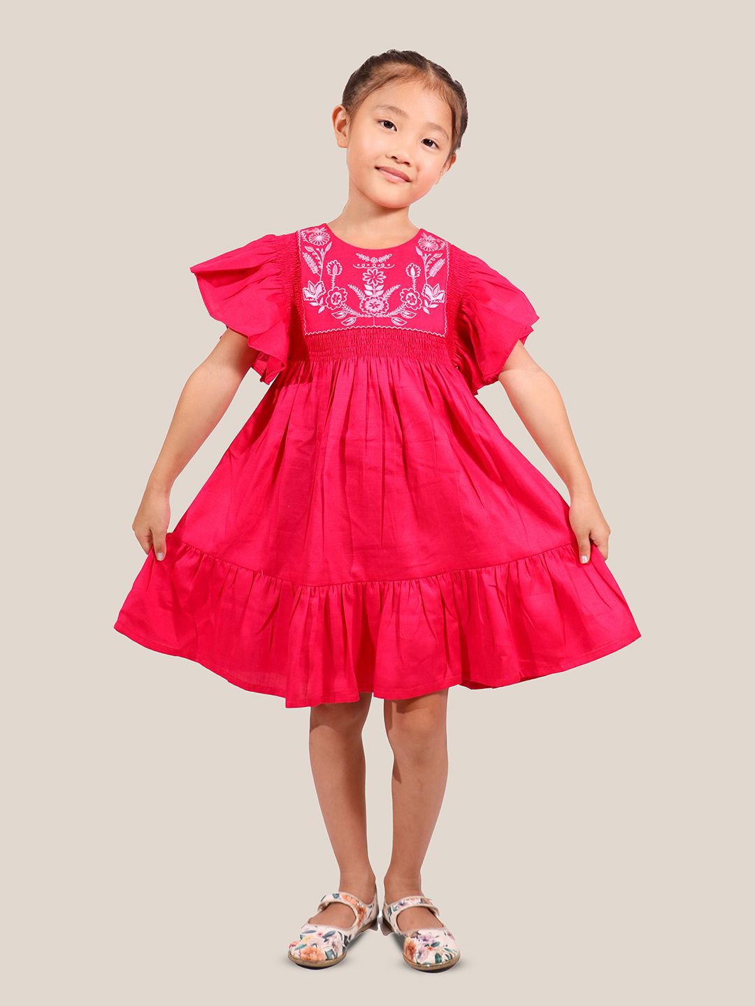

Whistle & Hops Girls Flared Sleeves Gathered Smocked Cotton Fit & Flare Dress, Pink