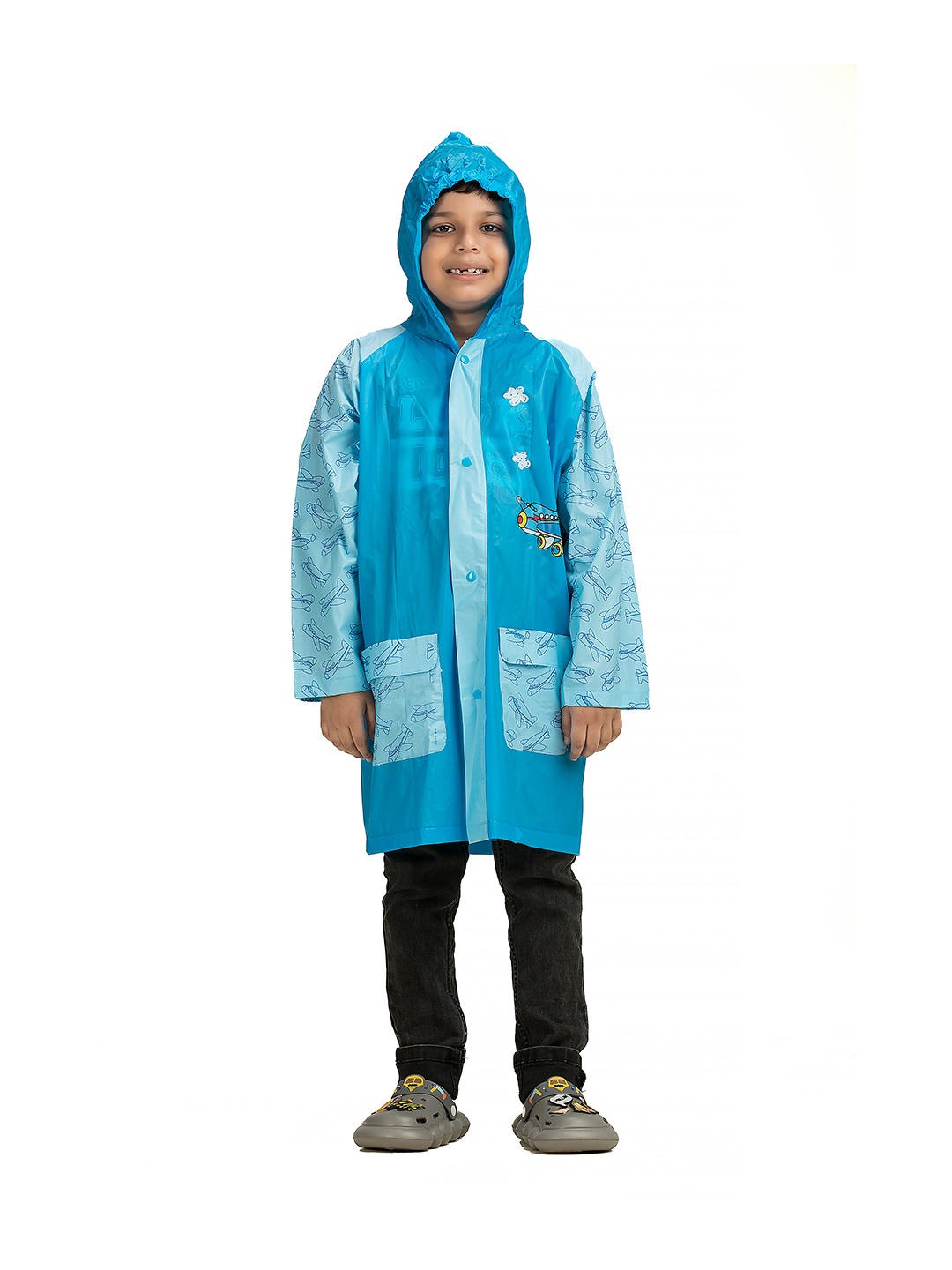 

Yellow Bee Boys Printed Hooded Rain Jacket, Blue