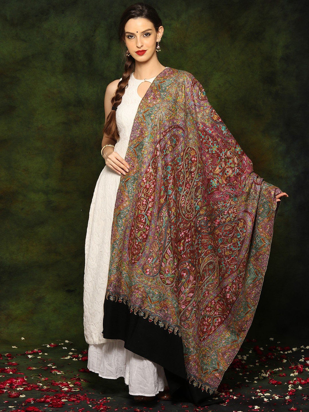 

Exotic India Floral Embroidered Pashmina Shawl, Maroon
