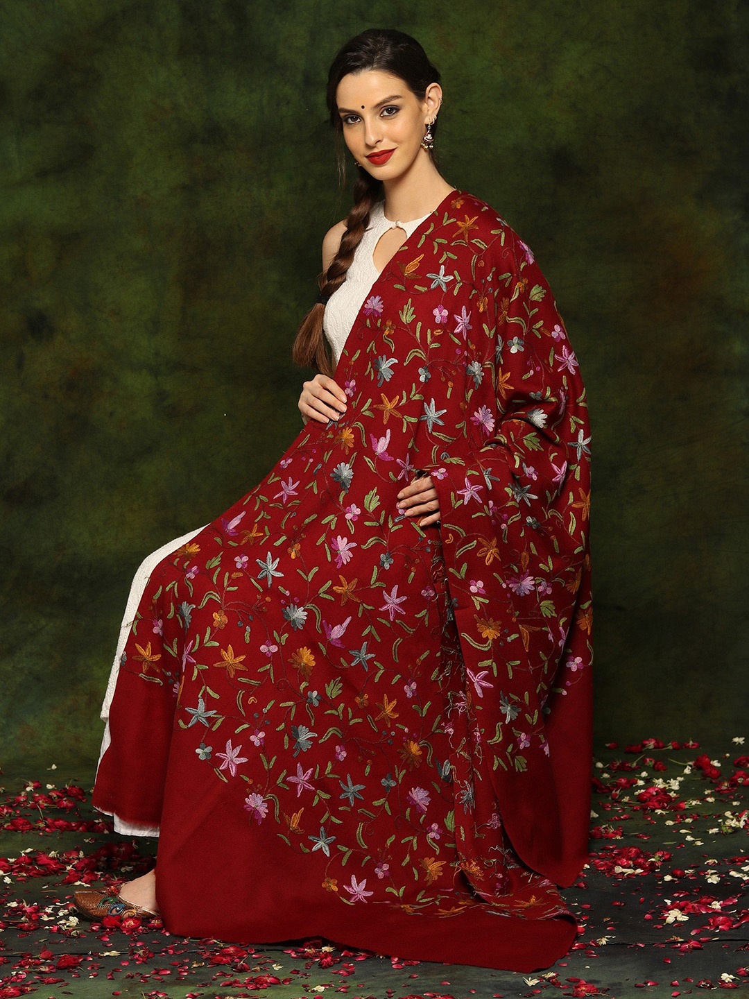 

Exotic India Maroon Paisley Aari Embroidered Fine Woolen Kashmiri Shawl