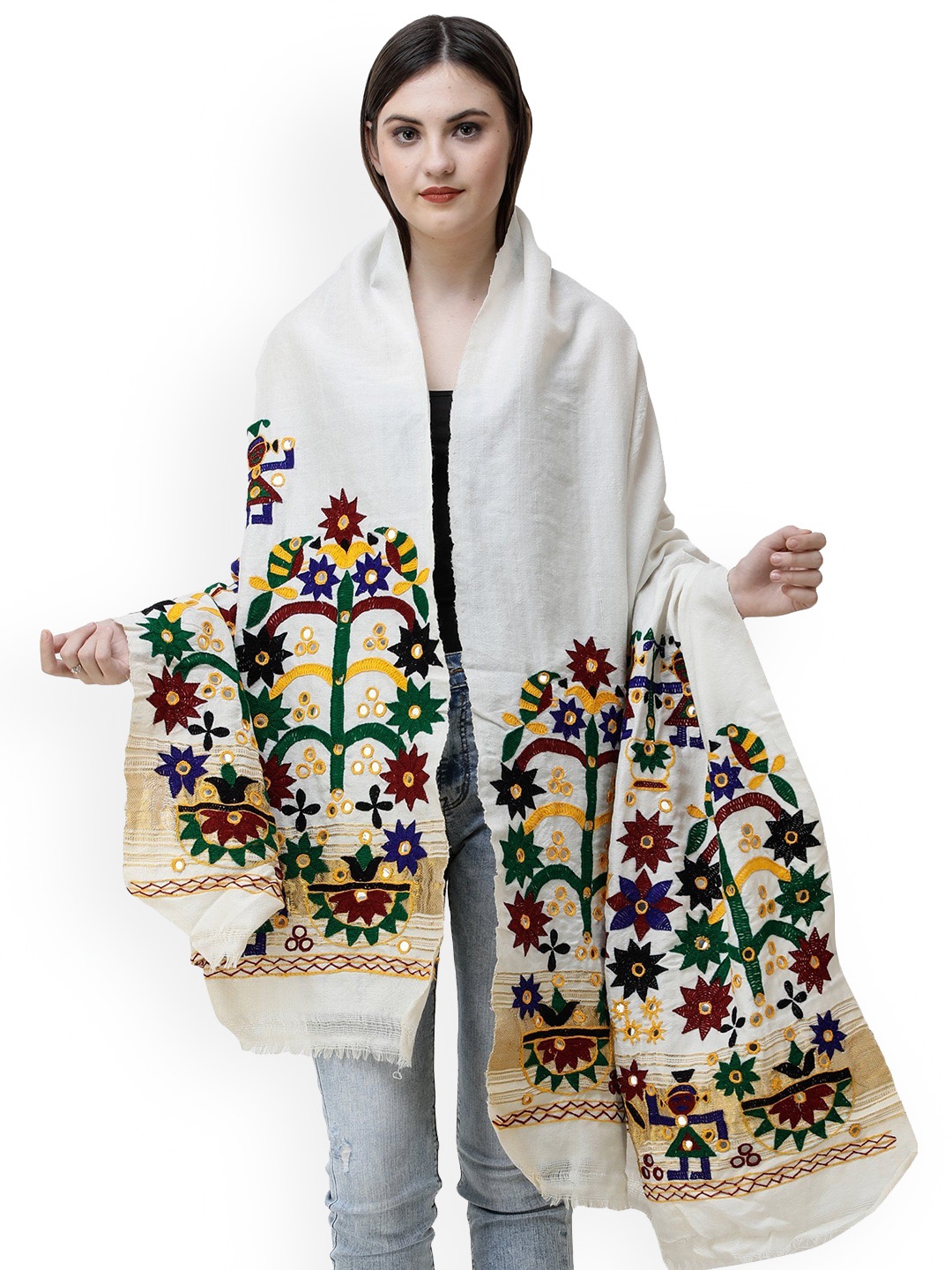 

Exotic India Banana Cream Wool Shawl with Hand-Embroidery and Mirrors