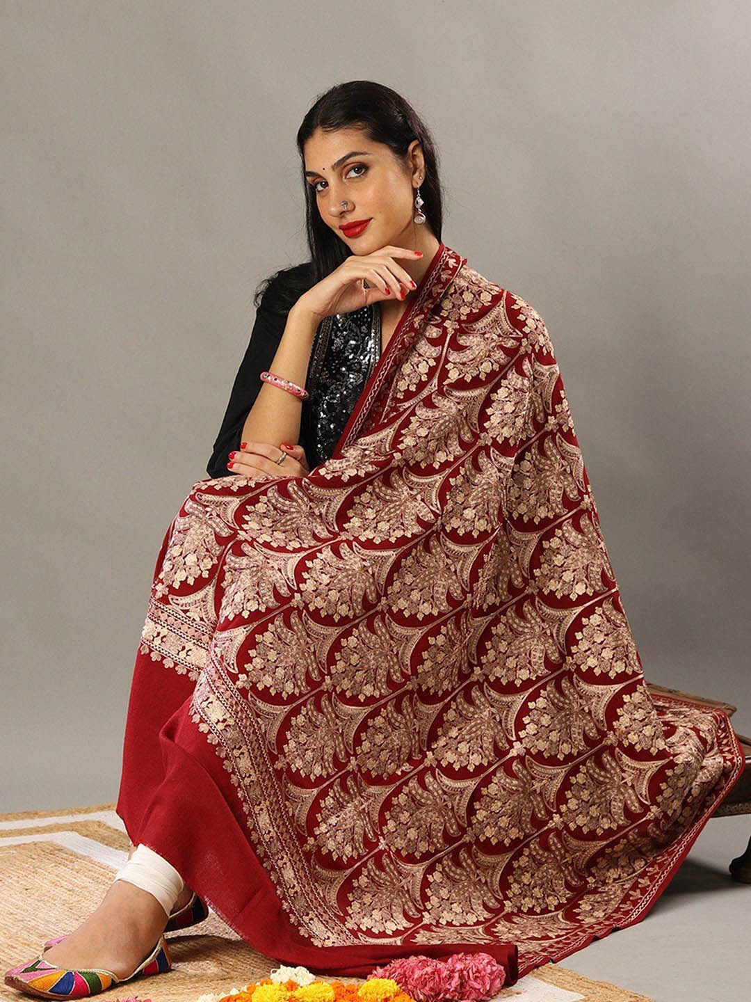 

Exotic India Maroon Pure Wool Chain Stitch Aari Embroidered Mughal Motif Shawl