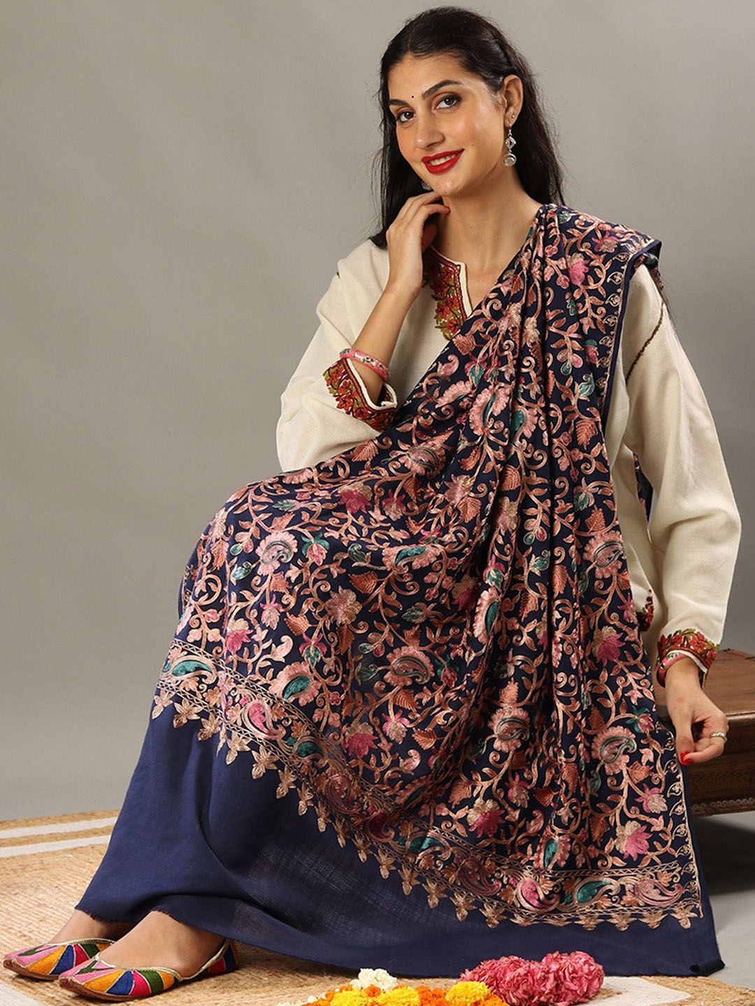 

Exotic India Floral Embroidered Woollen Shawl, Navy blue