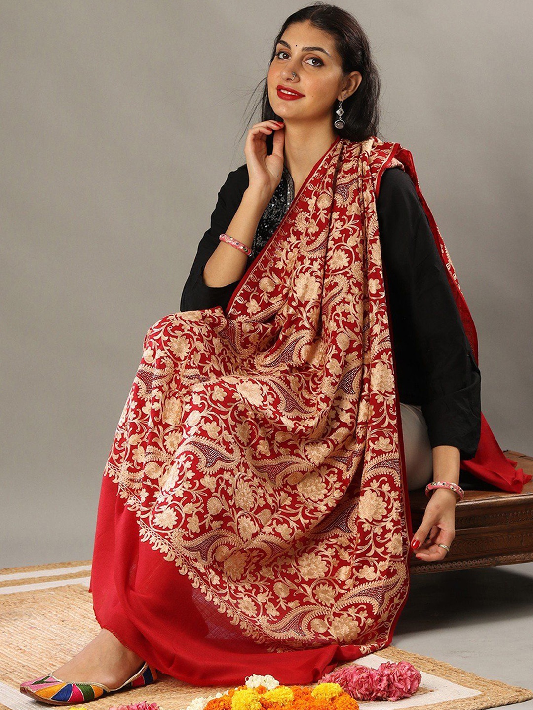 

Exotic India True Red Wool Paisley-Floral Vine Aari Embroidery and Stud-Crystal Work Shawl