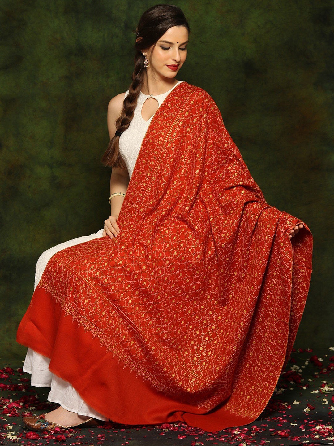 

Exotic India Floral Embroidered Woollen Shawl, Red