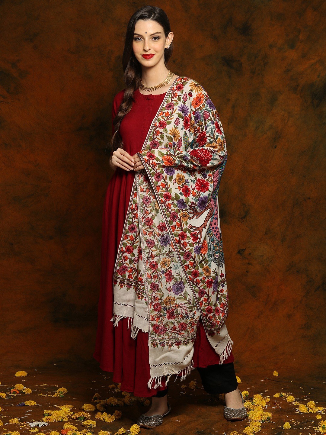 

Exotic India Floral Embroidered Pashmina Pure Wool Shawl, Off white