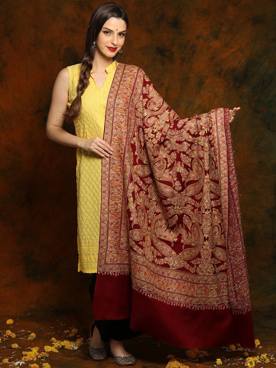 

Exotic India Floral Embroidered Pashmina Pure Wool Shawl, Maroon