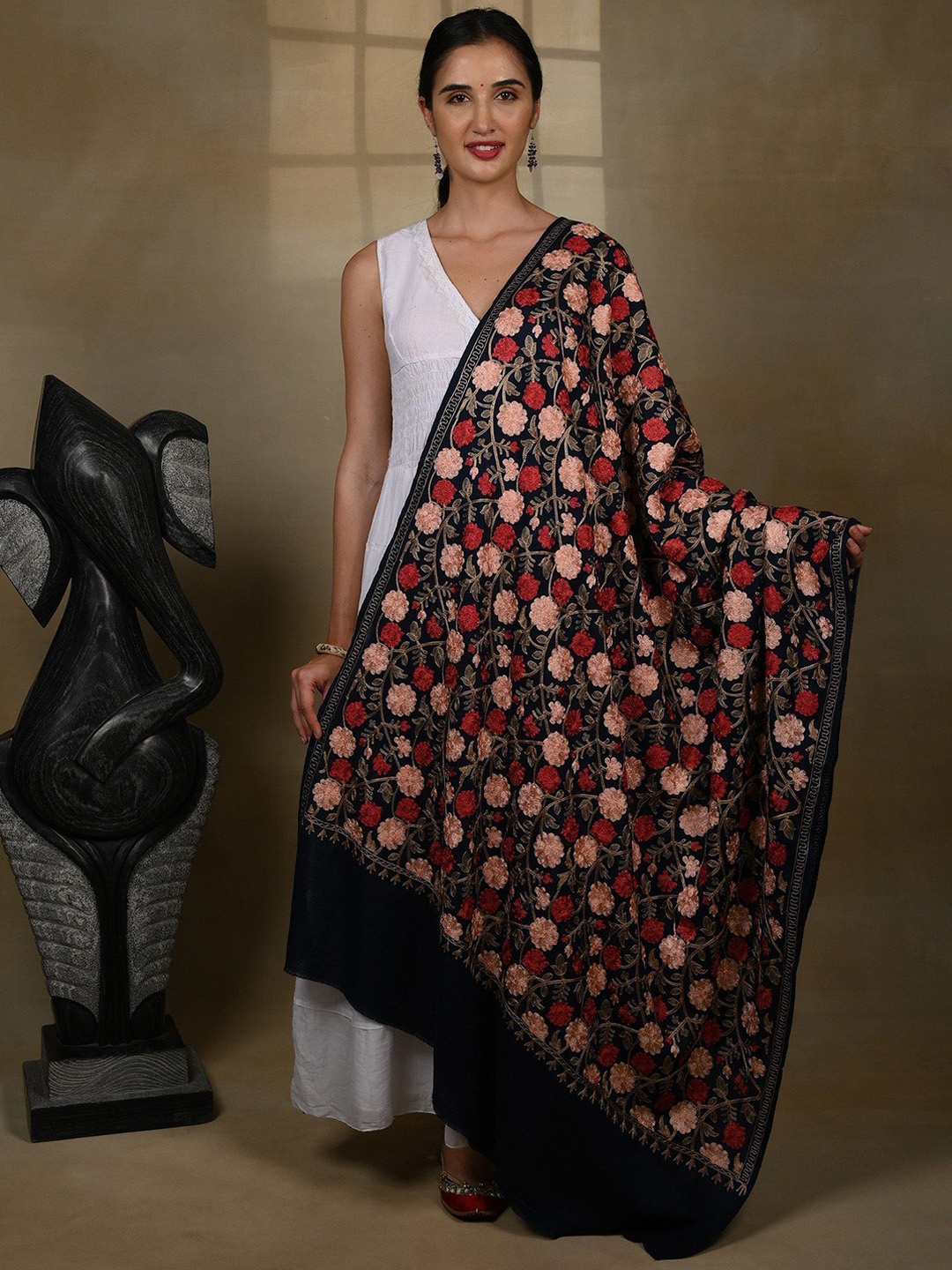 

Exotic India Navy Blue Pure Wool Detailed Big Floral Aari Threadwork Kashmiri Shawl