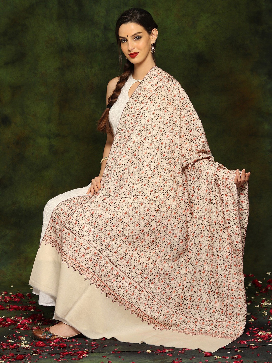 

Exotic India Floral Woven Designed Woollen Shawl, Off white