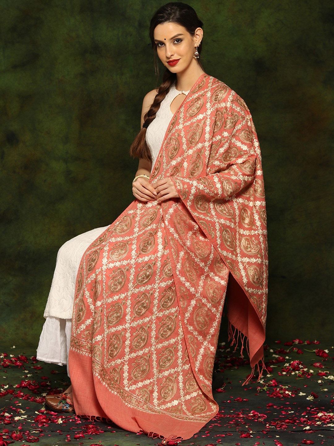 

Exotic India Paisley Aari Embroidered Pure Woollen Shawl, Peach