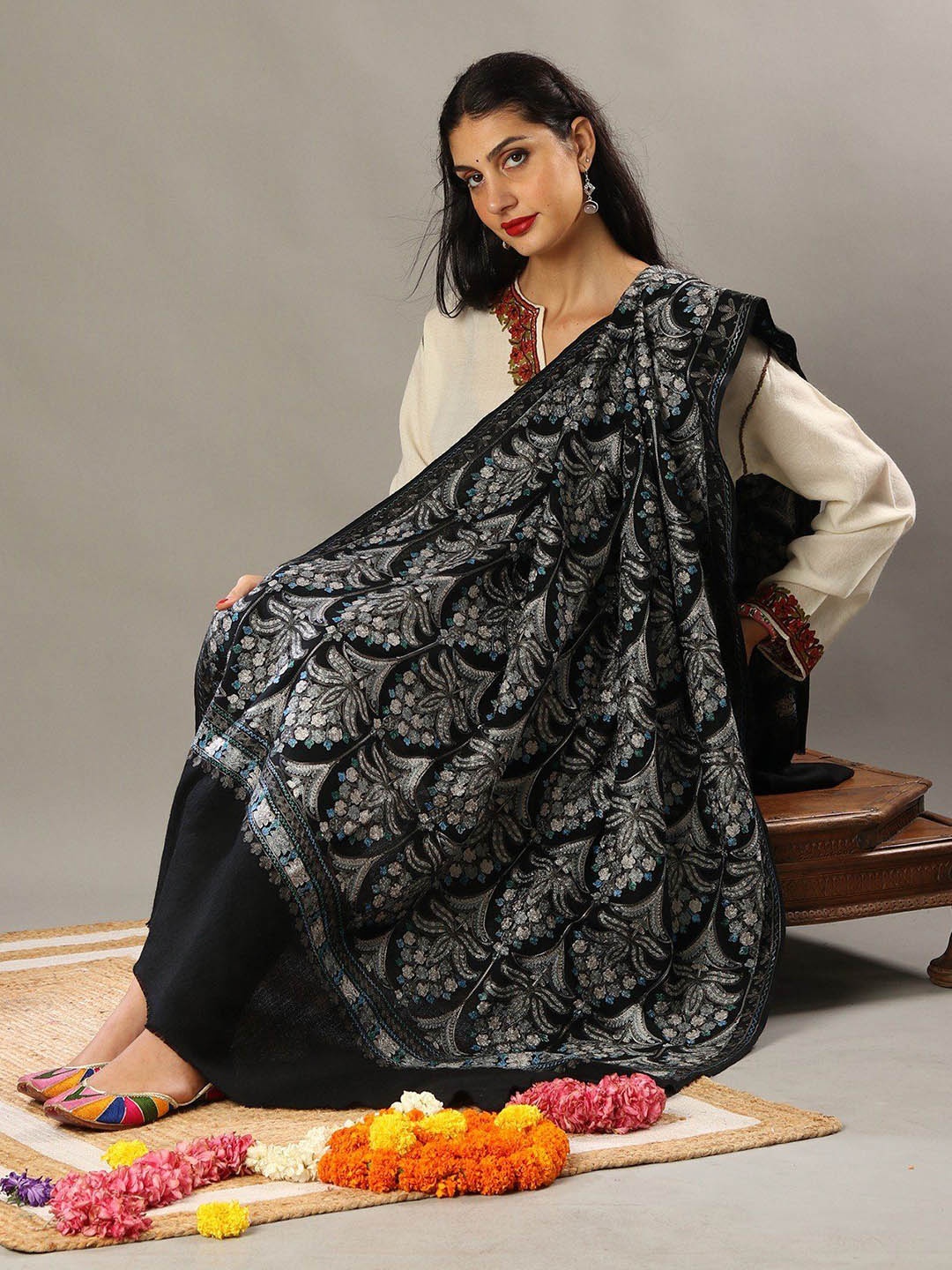 

Exotic India Black Pure Wool Chain Stitch Aari Embroidered Mughal Motif Shawl