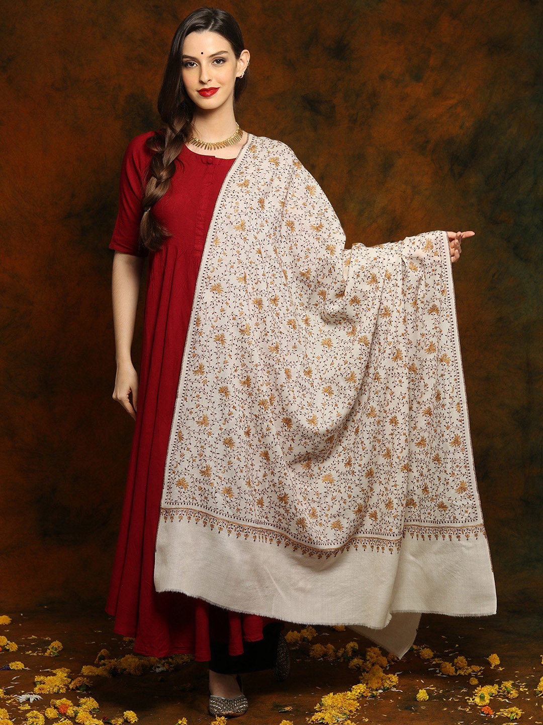 

Exotic India Floral Embroidered Pure Woollen Shawl, Off white