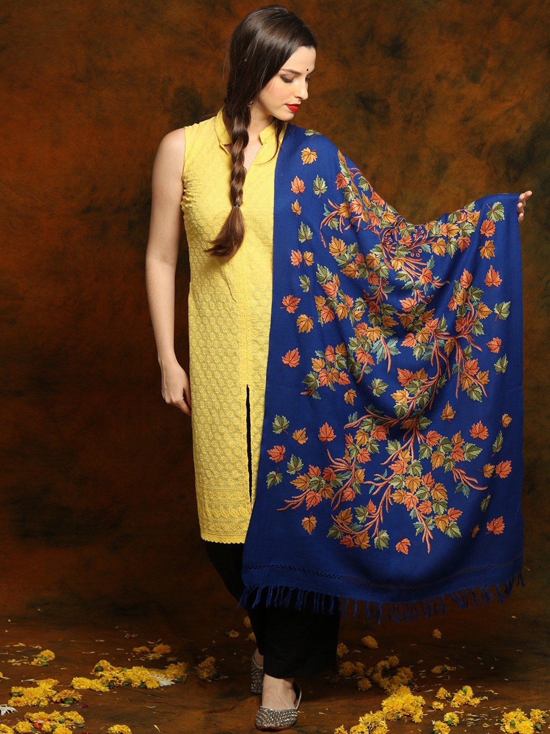 

Exotic India Floral Embroidered Woollen Shawl, Blue