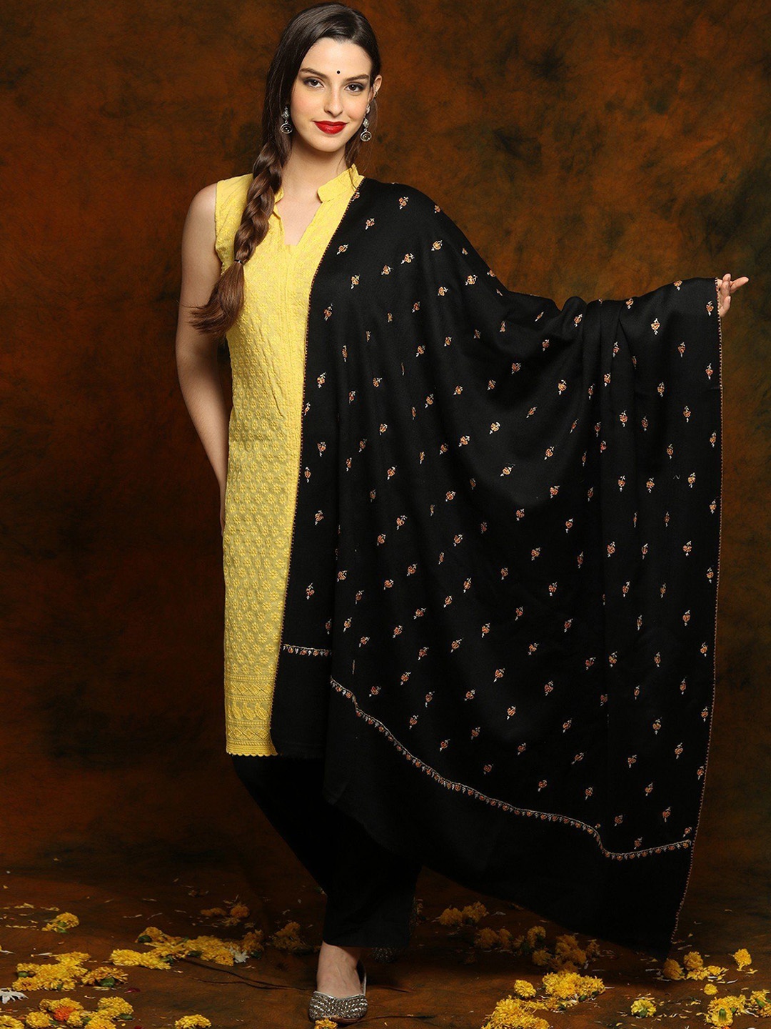 

Exotic India Black Floral Embroidered Fine Wool Shawl