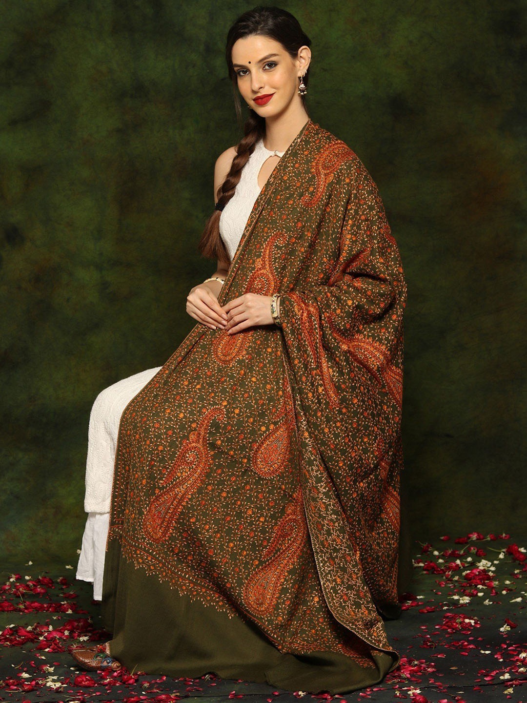 

Exotic India Paisley Embroidered Pure Wool Shawl, Green