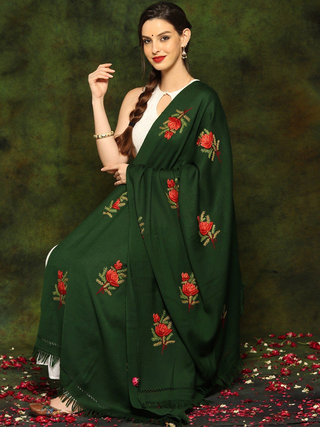 

Exotic India Dark Green and Red Woolen Shawl with Detailed Floral Aari Butta Embroidery