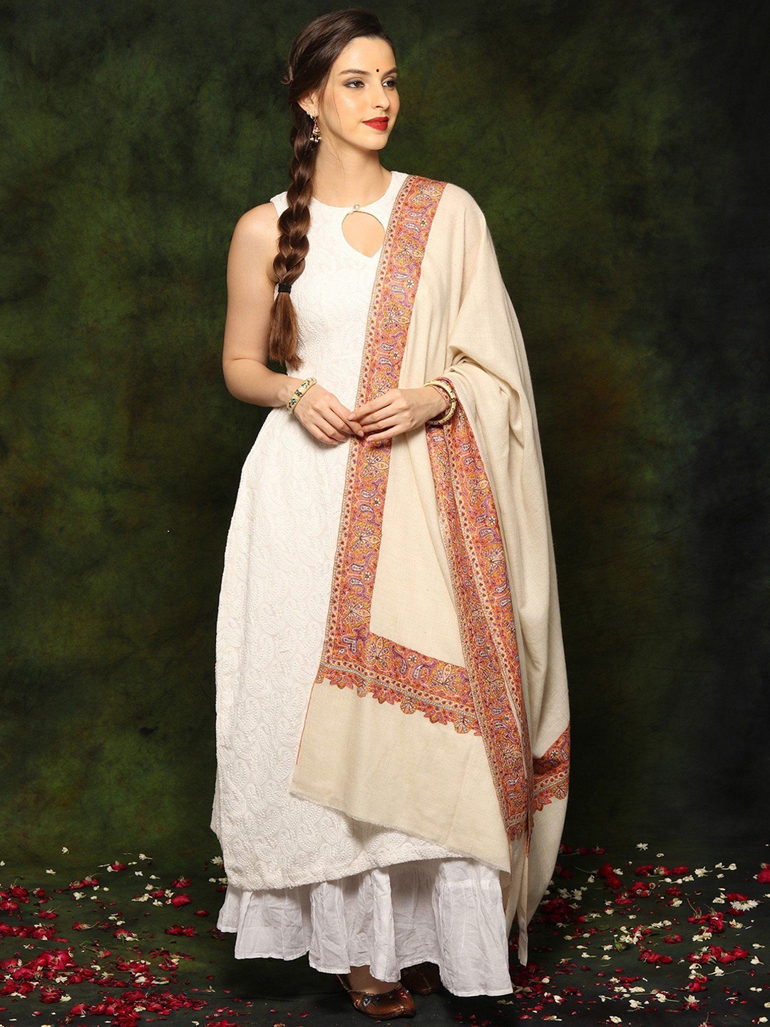 

Exotic India Floral Embroidered Pashmina Shawl, Off white