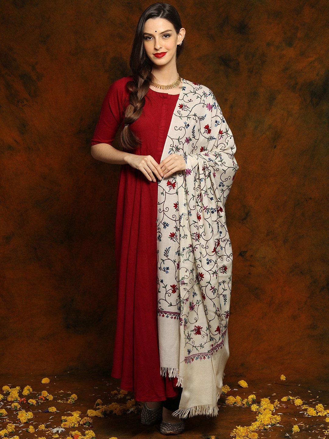 

Exotic India Floral Embroidered Pure Wool Shawl, Off white