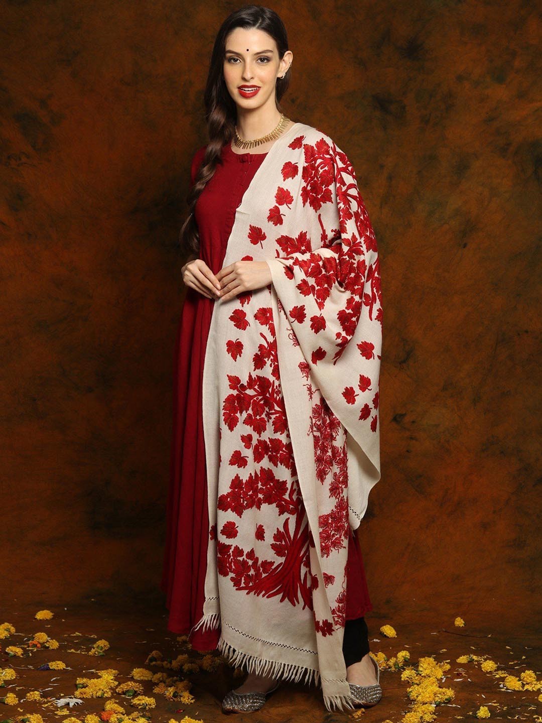 

Exotic India Floral Leaf Aari Embroidered Pure Woollen Shawl, Off white